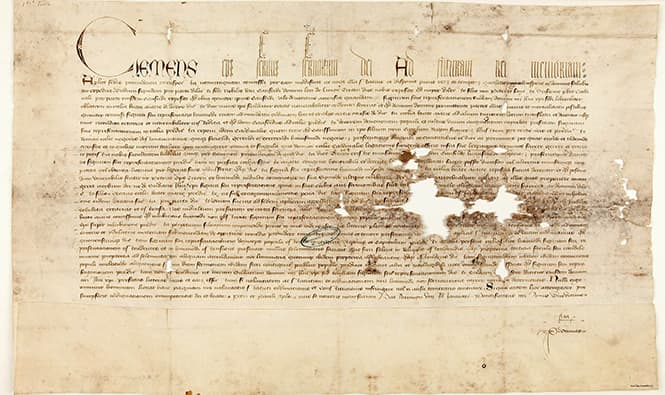 Bull of Pope Clement VII regulating the Lirey Shroud exhibitions and imposing penalties for noncompliance