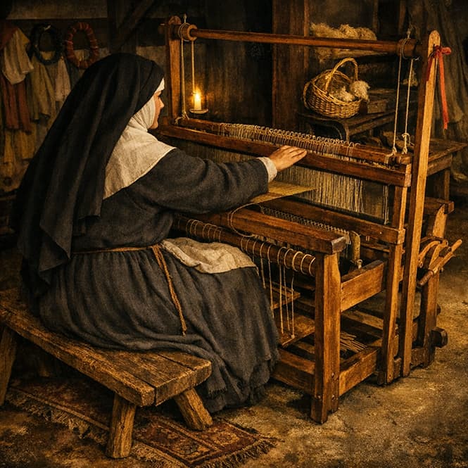 Illustration of a weaver at a multi-shaft horizontal treadle loom, the type of setup required to produce the Shroud's 3:1 herringbone twill.