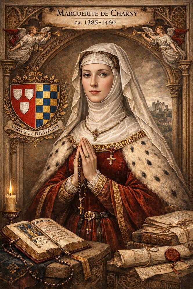 Marguerite de Charny, Countess of La Roche, imagined portrait with Charny and La Roche coats of arms